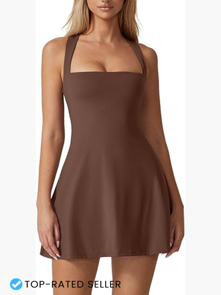 Square Neck Tennis Dress Sleeveless Built In Shorts Golf Athletic Dress With